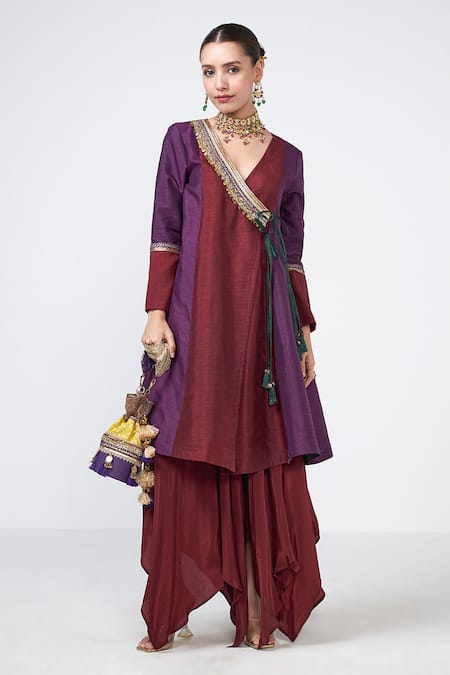 Rishi and Vibhuti Cola Colorblock Embroidered Angarkha & Pant Set 