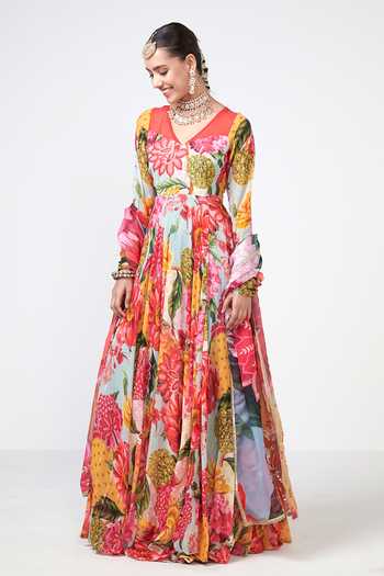 Rishi and Vibhuti_Multi Color Organza, Georgette, Lurex Bagh Print And Anarkali & Dupatta Set _Online_at_Aza_Fashions