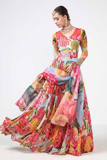 Buy_Rishi and Vibhuti_Multi Color Organza, Georgette, Lurex Bagh Print And Anarkali & Dupatta Set _Online_at_Aza_Fashions