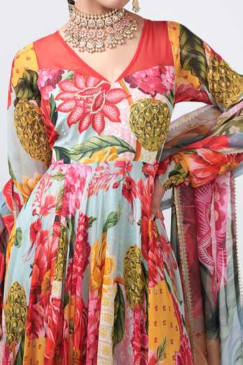 Shop_Rishi and Vibhuti_Multi Color Organza, Georgette, Lurex Bagh Print And Anarkali & Dupatta Set _Online_at_Aza_Fashions
