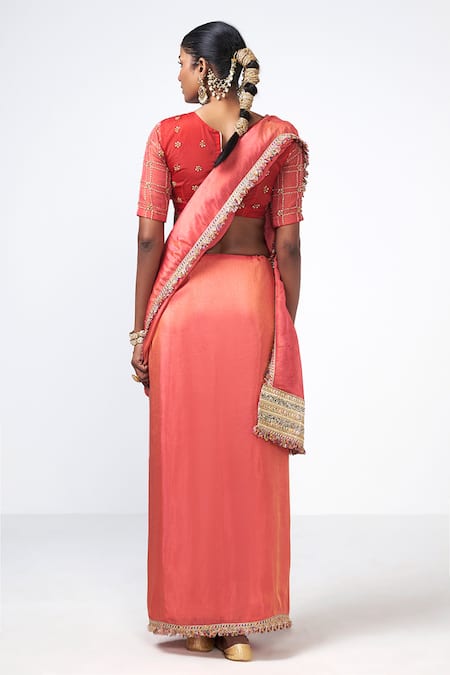 Rishi and Vibhuti Coral Tales Embroidered Saree With Blouse 