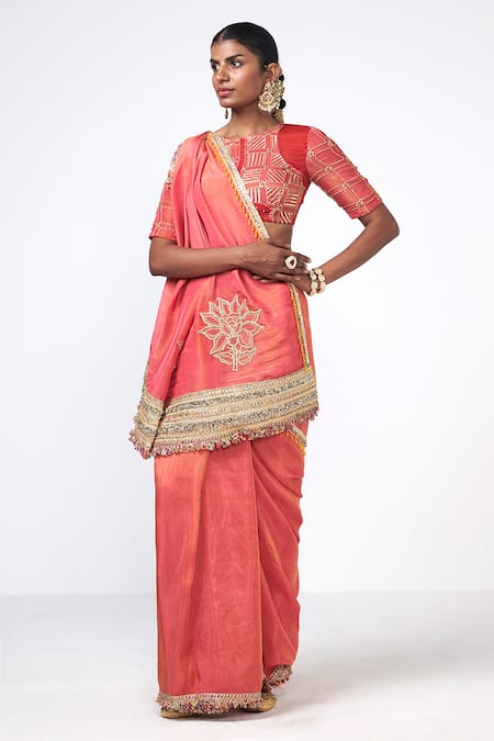 Rishi and Vibhuti_Pink Organza, Tissue Embroidery, Zari, Tassels Coral Tales Saree With Blouse _Online_at_Aza_Fashions