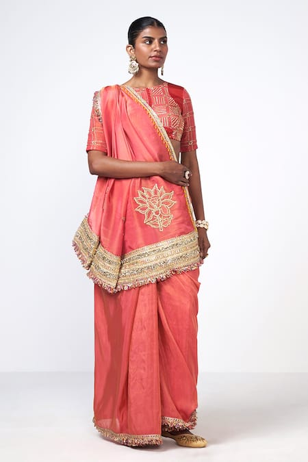 Buy_Rishi and Vibhuti_Pink Organza, Tissue Embroidery, Zari, Tassels Coral Tales Saree With Blouse _Online_at_Aza_Fashions