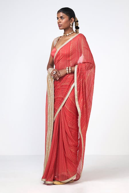 Rishi and Vibhuti_Pink Georgette, Tissue Zari Sweetheart Neck Embroidered Saree With Blouse _Online_at_Aza_Fashions