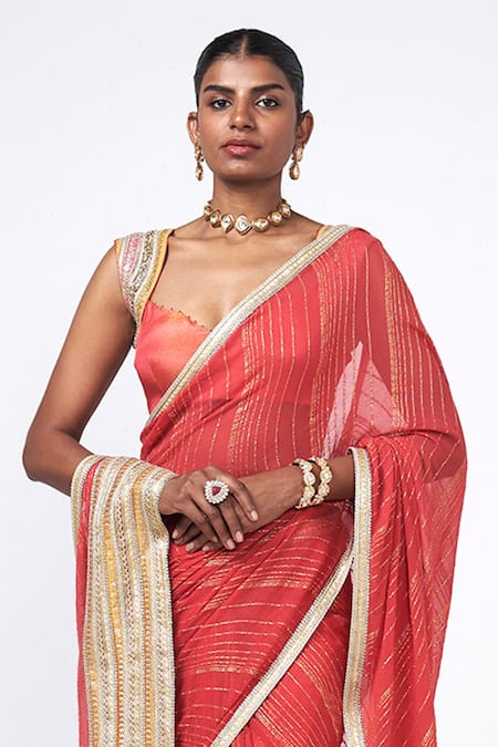 Buy_Rishi and Vibhuti_Pink Georgette, Tissue Zari Sweetheart Neck Embroidered Saree With Blouse _Online_at_Aza_Fashions