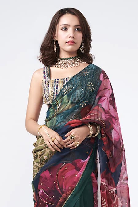 Rishi and Vibhuti_Emerald Green Organza Zari Corbet Glam Wrap Printed Saree _Online_at_Aza_Fashions