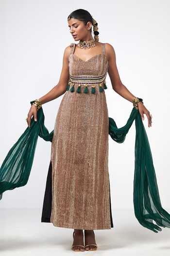 Rishi and Vibhuti_Gold Organza Tassels, Beads, Zari Sand Dunes Embroidered Kurta And Dupatta Set _Online_at_Aza_Fashions