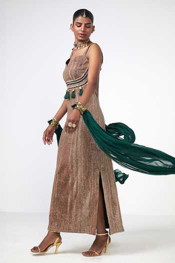 Buy_Rishi and Vibhuti_Gold Organza Tassels, Beads, Zari Sand Dunes Embroidered Kurta And Dupatta Set _Online_at_Aza_Fashions
