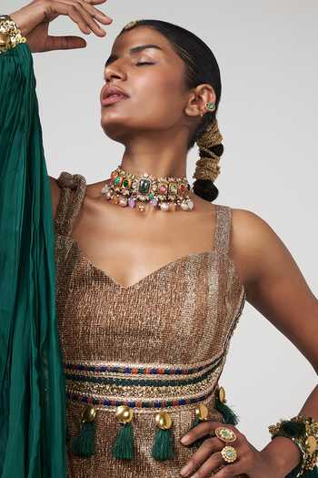Shop_Rishi and Vibhuti_Gold Organza Tassels, Beads, Zari Sand Dunes Embroidered Kurta And Dupatta Set _Online_at_Aza_Fashions