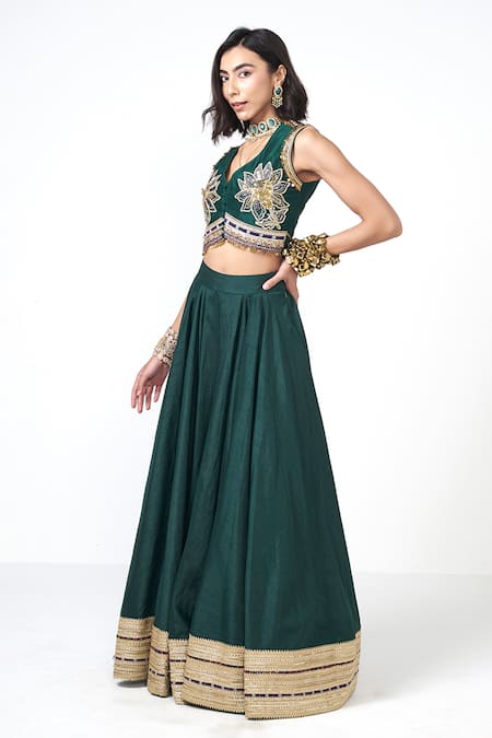 Rishi and Vibhuti_Emerald Green Dupion Embroidery, Sequins, Beads, Jalsa Blouse And Lehenga Set _Online_at_Aza_Fashions