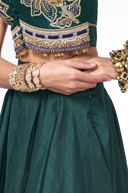 Shop_Rishi and Vibhuti_Emerald Green Dupion Embroidery, Sequins, Beads, Jalsa Blouse And Lehenga Set _Online_at_Aza_Fashions