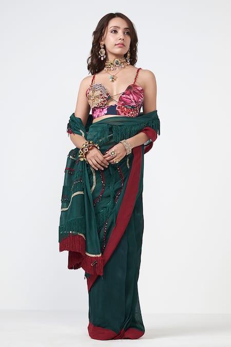 Rishi and Vibhuti_Emerald Green Organza Embroidery, Beads, Tassels, Fringe Forest Wave Saree _Online_at_Aza_Fashions