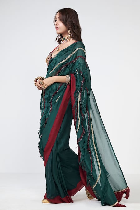 Buy_Rishi and Vibhuti_Emerald Green Organza Embroidery, Beads, Tassels, Fringe Forest Wave Saree _Online_at_Aza_Fashions