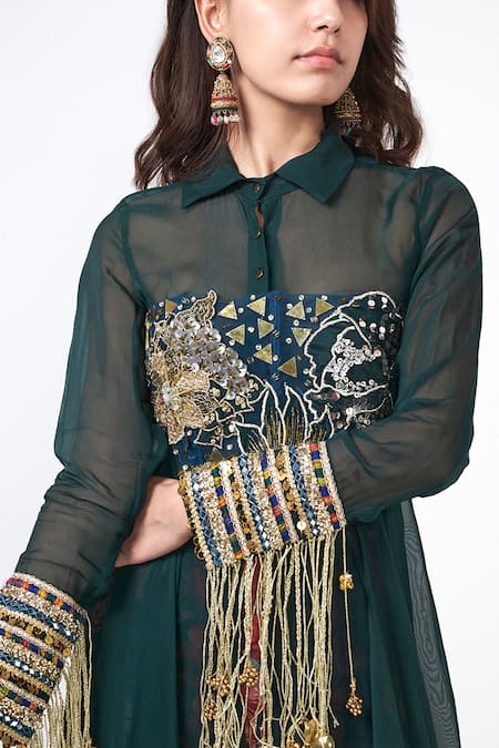 Rishi and Vibhuti_Emerald Green Organza, Crepe Embroidery, Beads, Dilbar Kellen Jacket Pant Set _Online_at_Aza_Fashions