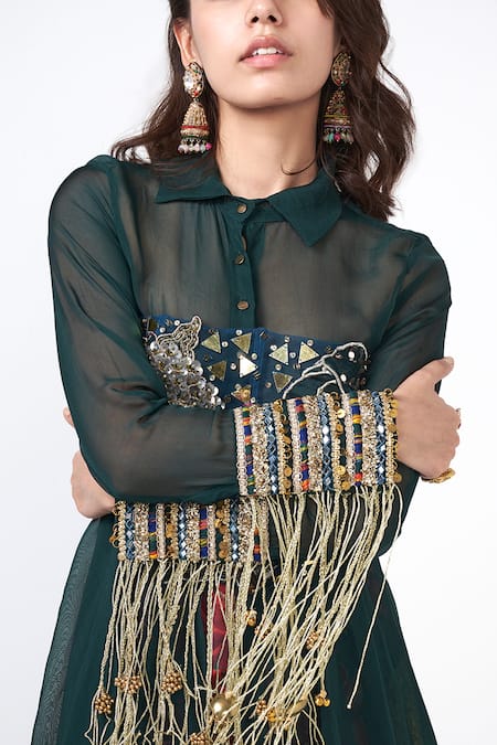 Buy_Rishi and Vibhuti_Emerald Green Organza, Crepe Embroidery, Beads, Dilbar Kellen Jacket Pant Set _Online_at_Aza_Fashions