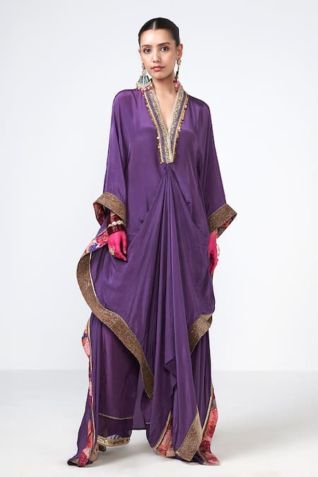 Rishi and Vibhuti Jamun Placket Embellished Kaftan & Pant Set 