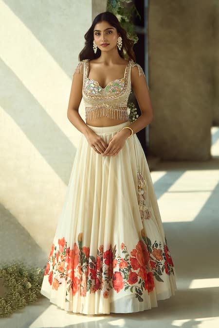 Buy_Samyukta Singhania_Cream Lycra Tassels, Embroidery, Sequins, Beads Handwork Embellished Lehenga Set 