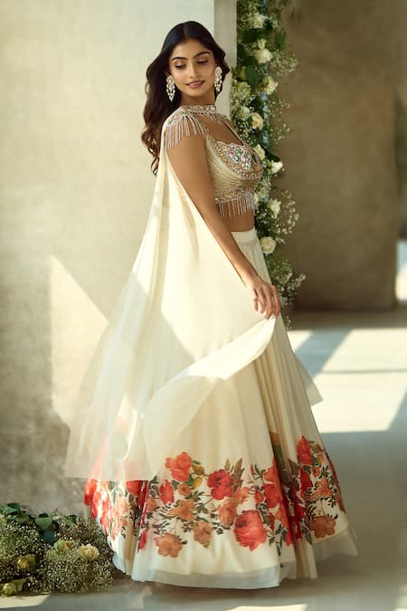 Shop_Samyukta Singhania_Cream Lycra Tassels, Embroidery, Sequins, Beads Handwork Embellished Lehenga Set 