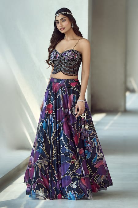 Samyukta Singhania_Black Lycra Embroidery, Sequins, Beads, Pearls Floral Pattern Lehenga Set _at_Aza_Fashions