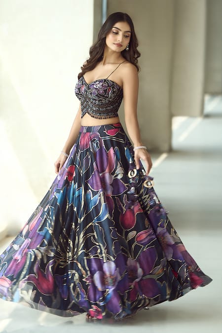 Shop_Samyukta Singhania_Black Lycra Embroidery, Sequins, Beads, Pearls Floral Pattern Lehenga Set 