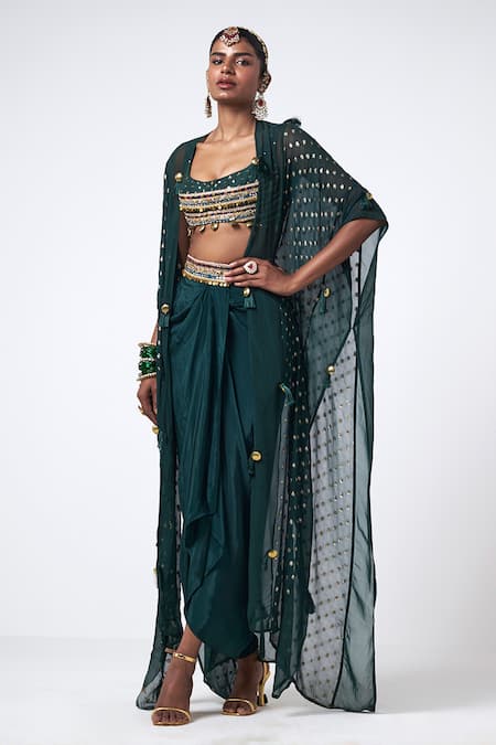 Rishi and Vibhuti Forest Karl Embroidered Cape Draped Skirt Set 
