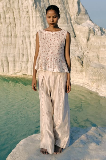 Ahmev_Ivory Cotton, Chanderi Smocking Boat Neck Zeya Ruched Top _at_Aza_Fashions