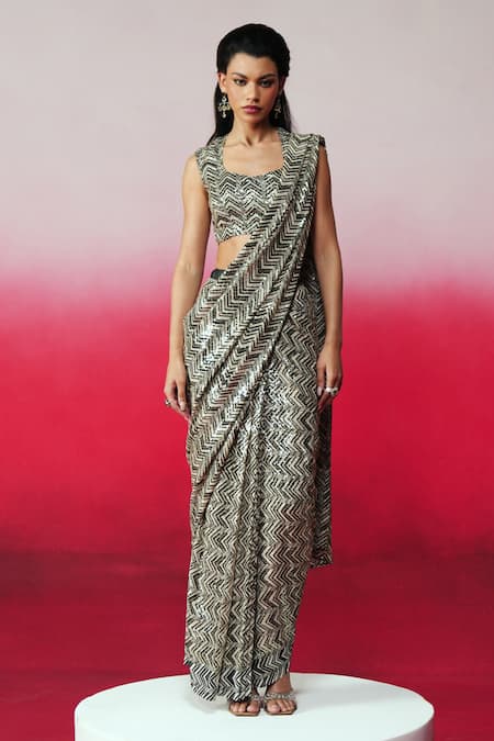 Rainas Gulmohar Pre-Stitched Saree With Unstitched Blouse Fabric 