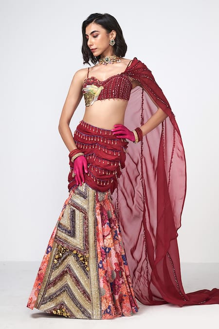 Rishi and Vibhuti Cherry Betaab Hand Embroidered Skirt & Draped Blouse Set 