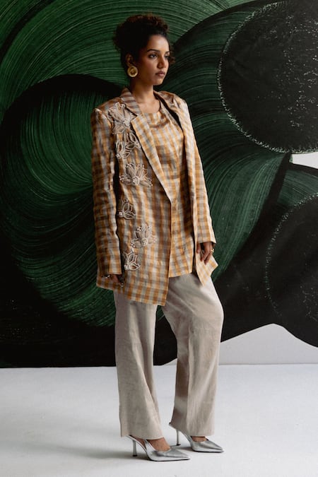 Buy Esha Arora Gold Tissue Embroidery Round Neck Aari Blazer With Dress Online at Aza Fashions Buy_Esha Arora_Gold Tissue Embroidery Round Neck Aari Blazer With Dress _Online_at_Aza_Fashions