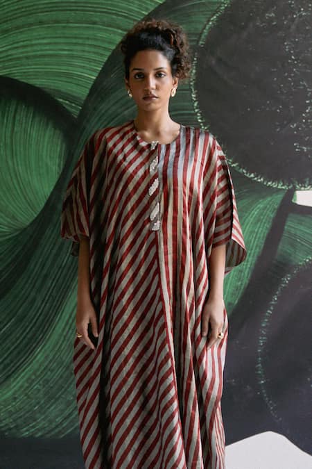 Shop_Esha Arora_Maroon Tissue Pearls Round Neck Striped Pattern Kaftan _Online_at_Aza_Fashions