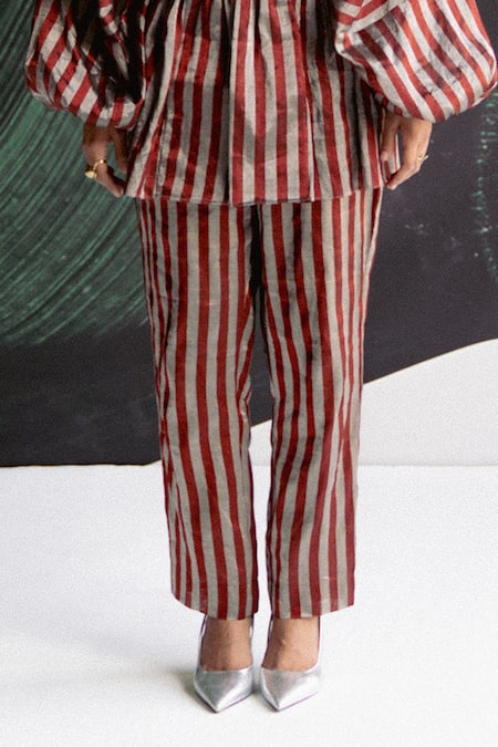 Buy_Esha Arora_Maroon Split V-neck Striped Pattern Top And Pant Set _Online_at_Aza_Fashions