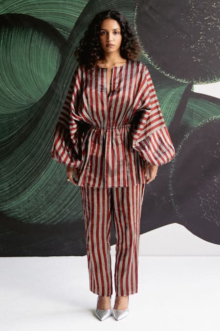 Shop_Esha Arora_Maroon Split V-neck Striped Pattern Top And Pant Set _Online_at_Aza_Fashions