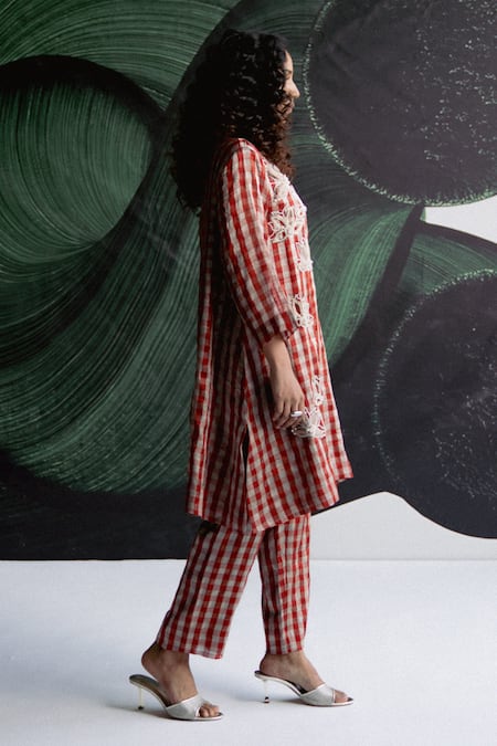 Buy_Esha Arora_Red Embroidery, Pearls Aari Check Pattern Kurta And Pant Set _Online_at_Aza_Fashions