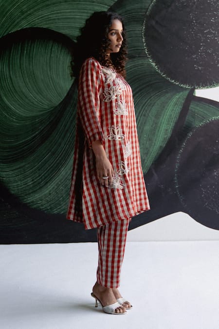 Shop_Esha Arora_Red Embroidery, Pearls Aari Check Pattern Kurta And Pant Set _Online_at_Aza_Fashions