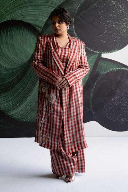 Shop_Esha Arora_Red Embroidery Collared, V-neck Aari Work Trench Jacket Pant Set _Online_at_Aza_Fashions