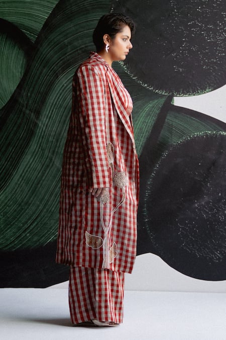 Esha Arora_Red Embroidery Collared, V-neck Aari Work Trench Jacket Pant Set _at_Aza_Fashions