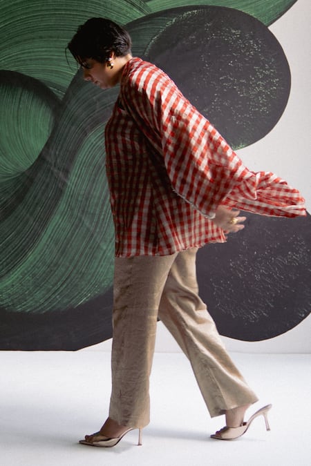 Buy_Esha Arora_Red Tissue Pearls Checkered Pattern Cape Pant Set _Online_at_Aza_Fashions