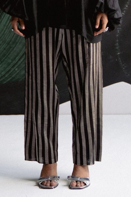 Esha Arora_Black Tissue V-neck Striped Pattern Top And Pant Set _Online_at_Aza_Fashions