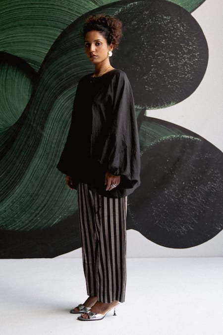 Shop_Esha Arora_Black Tissue V-neck Striped Pattern Top And Pant Set _Online_at_Aza_Fashions