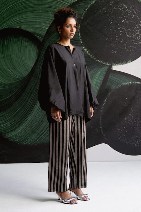 Esha Arora_Black Tissue V-neck Striped Pattern Top And Pant Set _at_Aza_Fashions