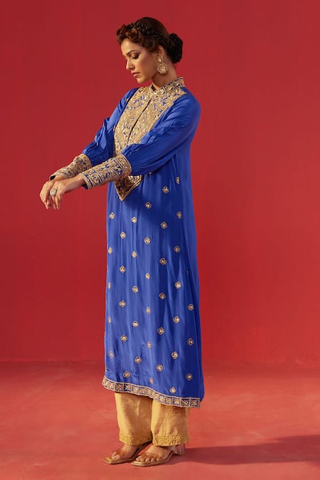 Buy Rasasvada Blue Crepe Zari, Stones Mandarin Collar Embellished Kurta Set Online at Aza Fashions Buy_Rasasvada_Blue Crepe Zari, Stones Mandarin Collar Embellished Kurta Set _Online_at_Aza_Fashions