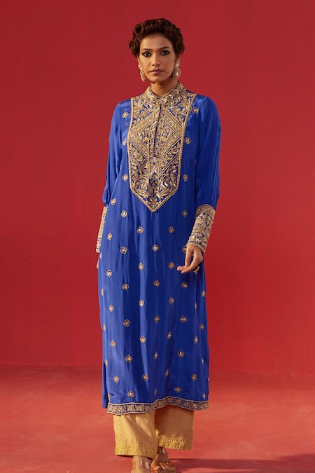 Shop Rasasvada Blue Crepe Zari, Stones Mandarin Collar Embellished Kurta Set Online at Aza Fashions Shop_Rasasvada_Blue Crepe Zari, Stones Mandarin Collar Embellished Kurta Set _Online_at_Aza_Fashions