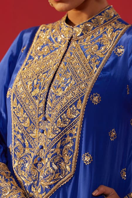 Rasasvada Blue Crepe Zari, Stones Mandarin Collar Embellished Kurta Set at Aza Fashions Rasasvada_Blue Crepe Zari, Stones Mandarin Collar Embellished Kurta Set _at_Aza_Fashions