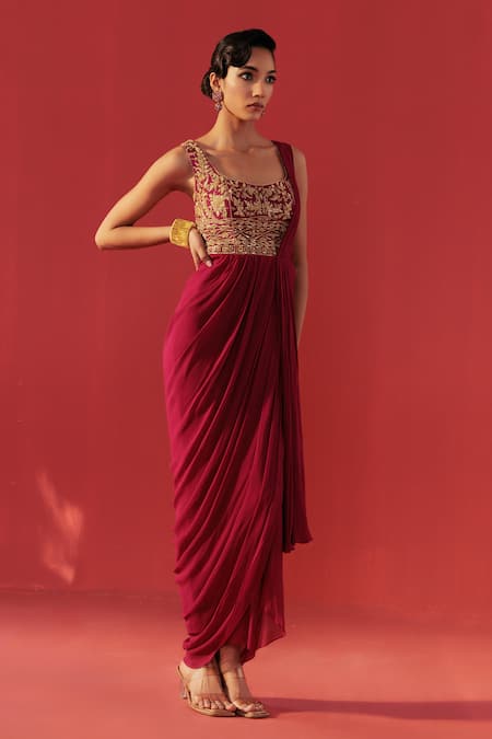 Rasasvada_Wine Georgette Embroidery, Zari Square Neck Saree Gown _Online_at_Aza_Fashions