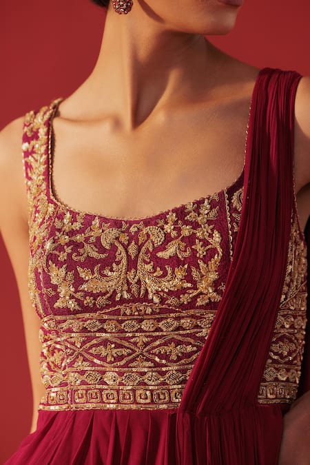 Buy_Rasasvada_Wine Georgette Embroidery, Zari Square Neck Saree Gown _Online_at_Aza_Fashions