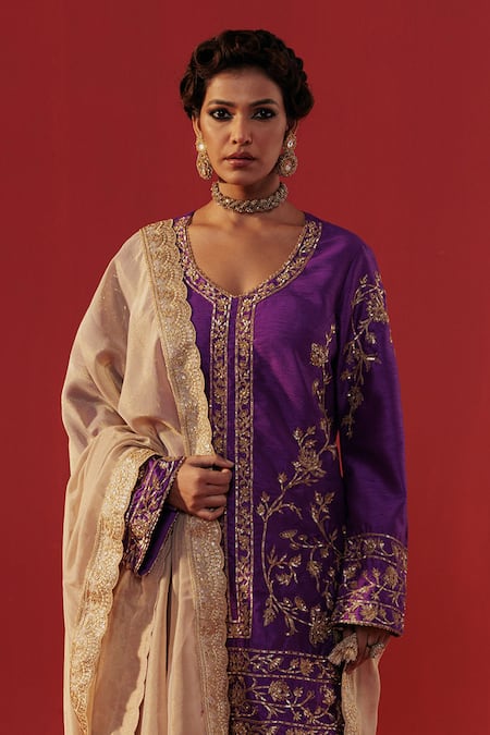 Buy_Rasasvada_Purple Silk, Dupion Zari V-neck Embroidered Kurta Dhoti Pant Set _Online_at_Aza_Fashions