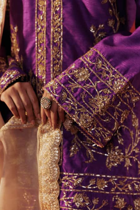 Shop_Rasasvada_Purple Silk, Dupion Zari V-neck Embroidered Kurta Dhoti Pant Set _Online_at_Aza_Fashions