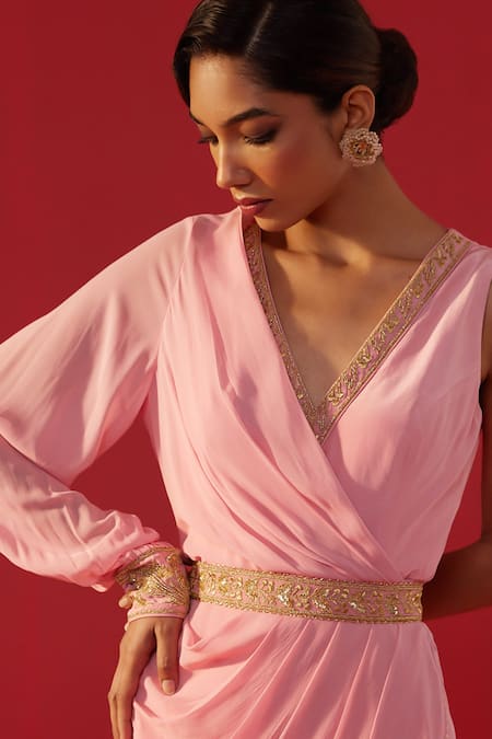 Buy_Rasasvada_Pink Georgette Sequins, Zari V-neck Draped Jumpsuit With Embroidered Belt _Online_at_Aza_Fashions