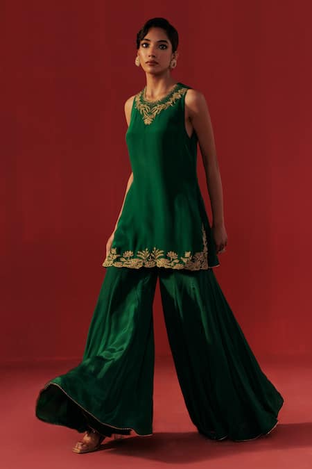 Buy Rasasvada Green Satin, Crepe Zari Round Neck Embroidered Kurta Sharara Set Online at Aza Fashions Buy_Rasasvada_Green Satin, Crepe Zari Round Neck Embroidered Kurta Sharara Set _Online_at_Aza_Fashions