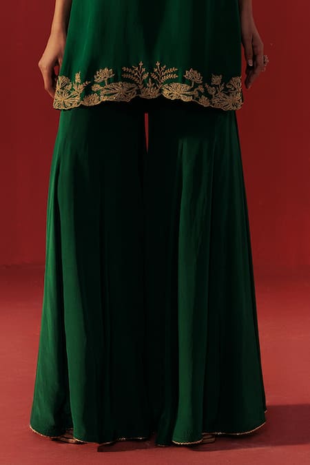 Shop Rasasvada Green Satin, Crepe Zari Round Neck Embroidered Kurta Sharara Set Online at Aza Fashions Shop_Rasasvada_Green Satin, Crepe Zari Round Neck Embroidered Kurta Sharara Set _Online_at_Aza_Fashions
